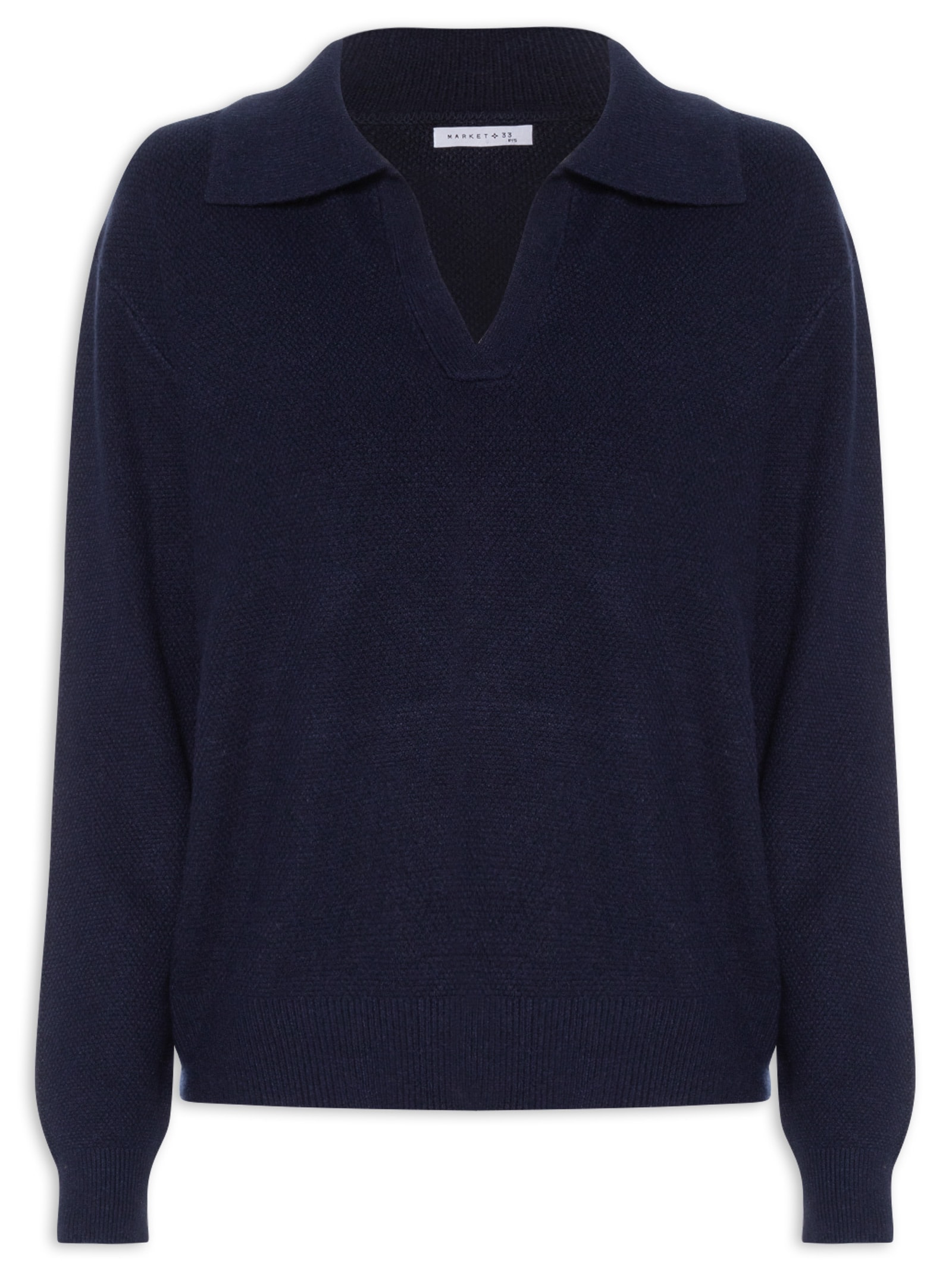 Suéter Feminino Em Tricot  Com Gola Polo Azul Market 33