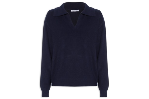 Suéter Feminino Em Tricot  Com Gola Polo - Azul
