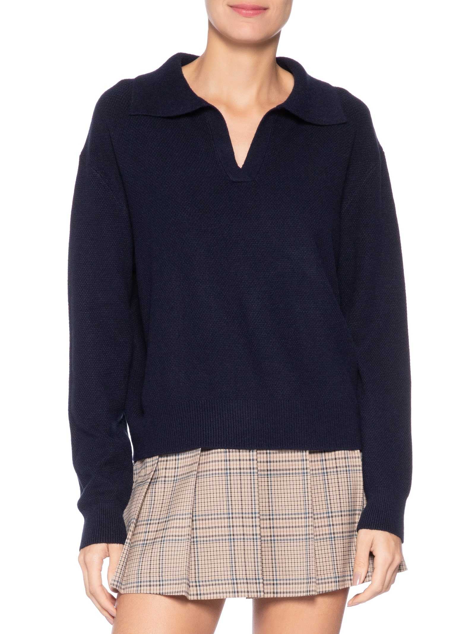 Suéter Feminino Em Tricot  Com Gola Polo Azul Market 33