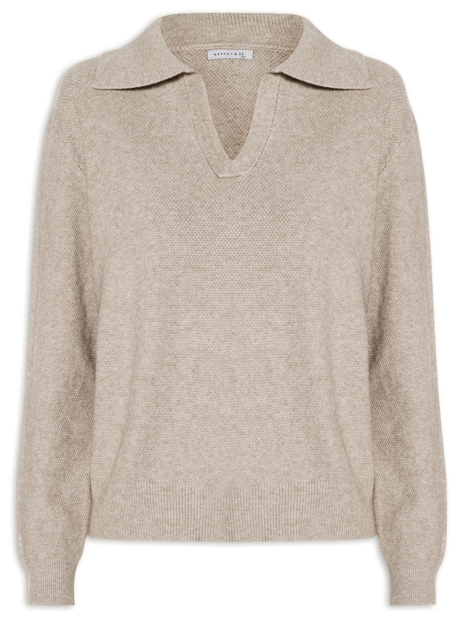 Suéter Feminino Em Tricot  Com Gola Polo Bege Market 33
