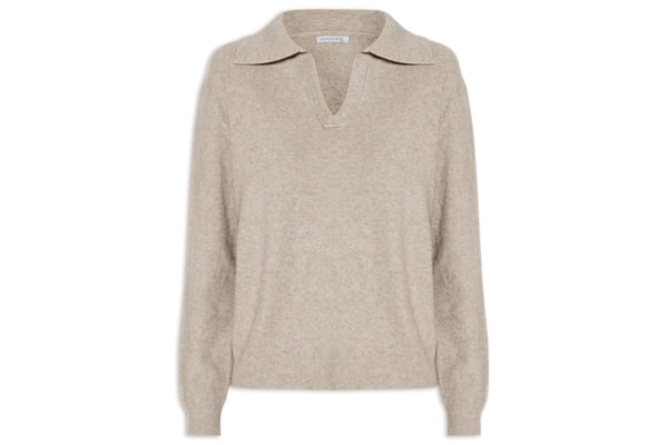 Suéter Feminino Em Tricot  Com Gola Polo - Bege