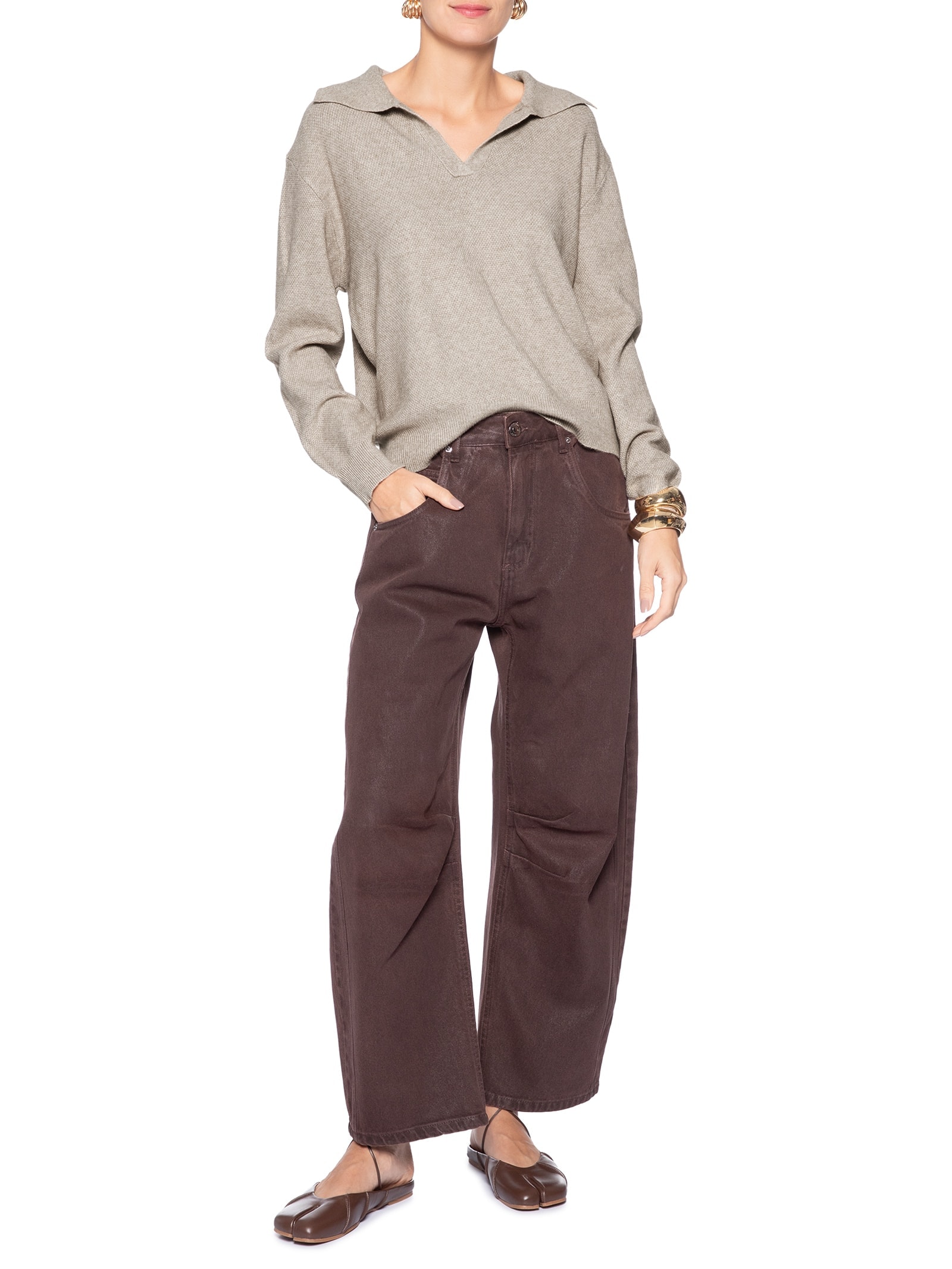 Suéter Feminino Em Tricot  Com Gola Polo Bege Market 33