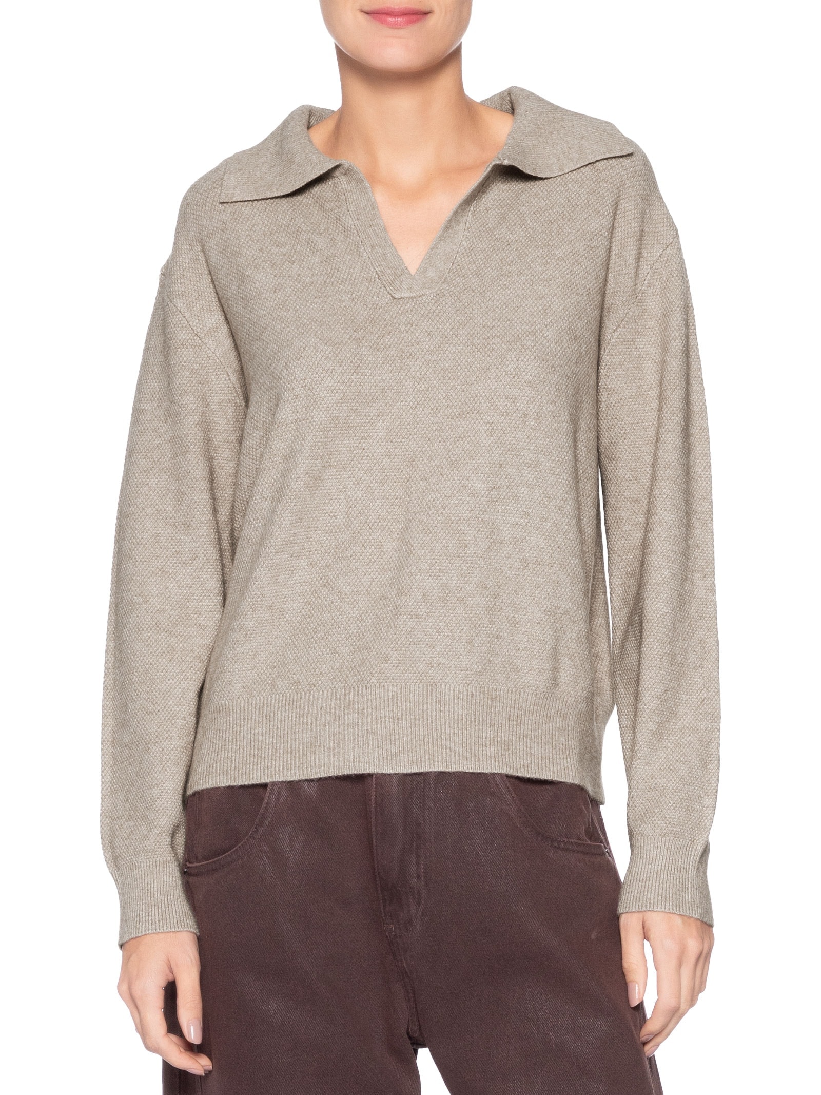 Suéter Feminino Em Tricot  Com Gola Polo Bege Market 33