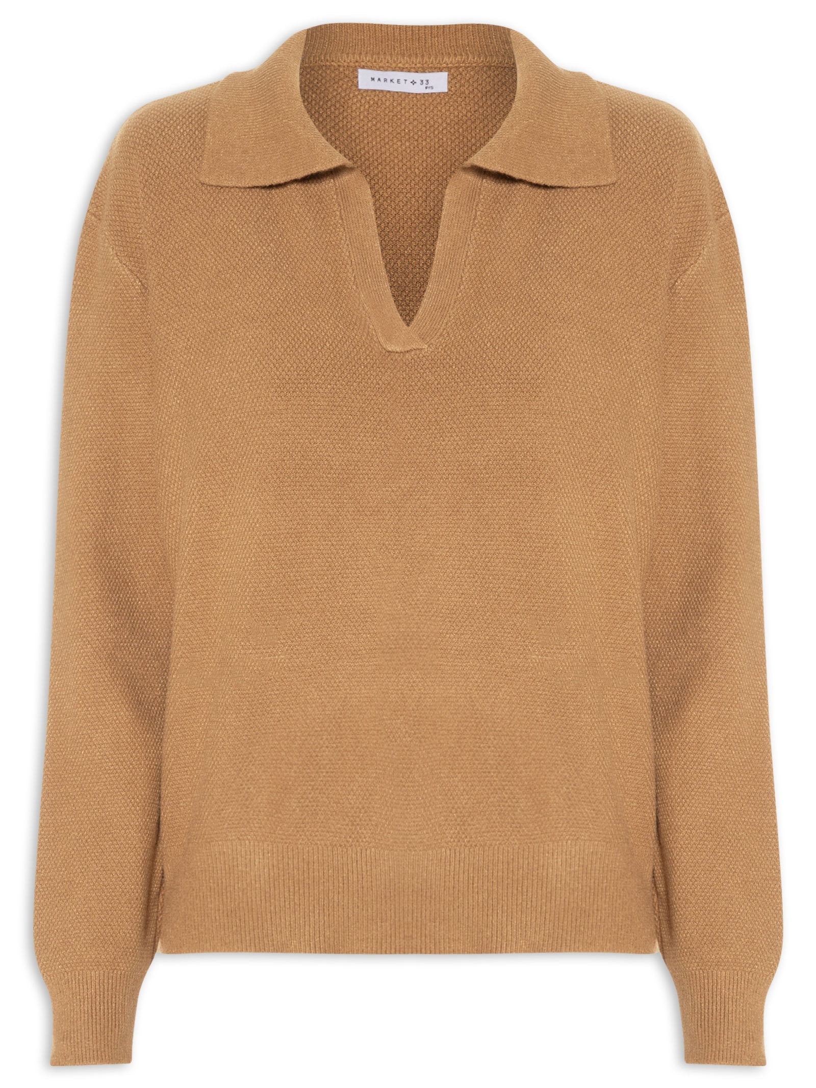 Suéter Feminino Em Tricot  Com Gola Polo Marrom Market 33