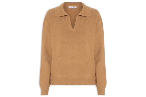 Suéter Feminino Em Tricot  Com Gola Polo - Marrom