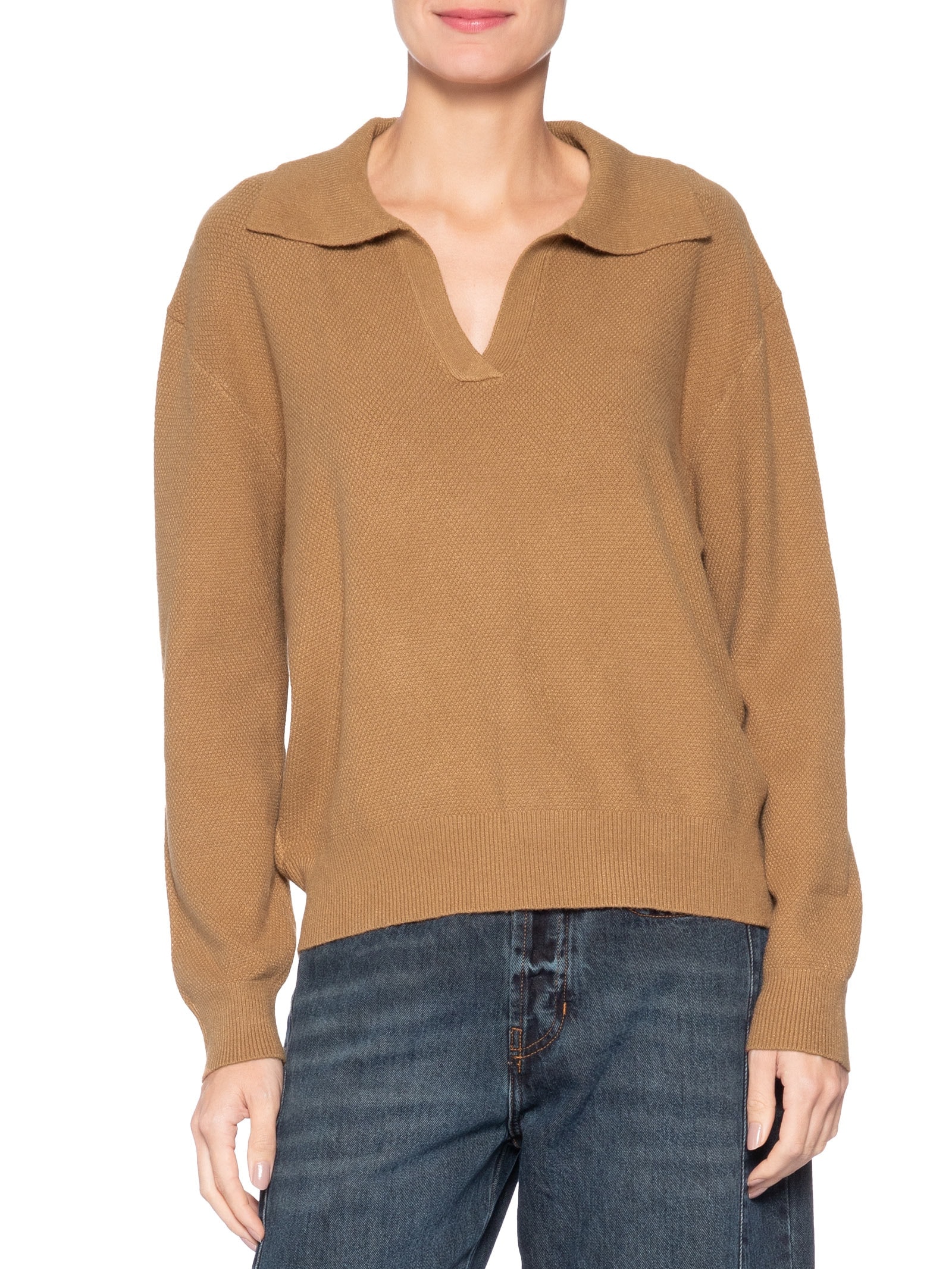 Suéter Feminino Em Tricot  Com Gola Polo Marrom Market 33