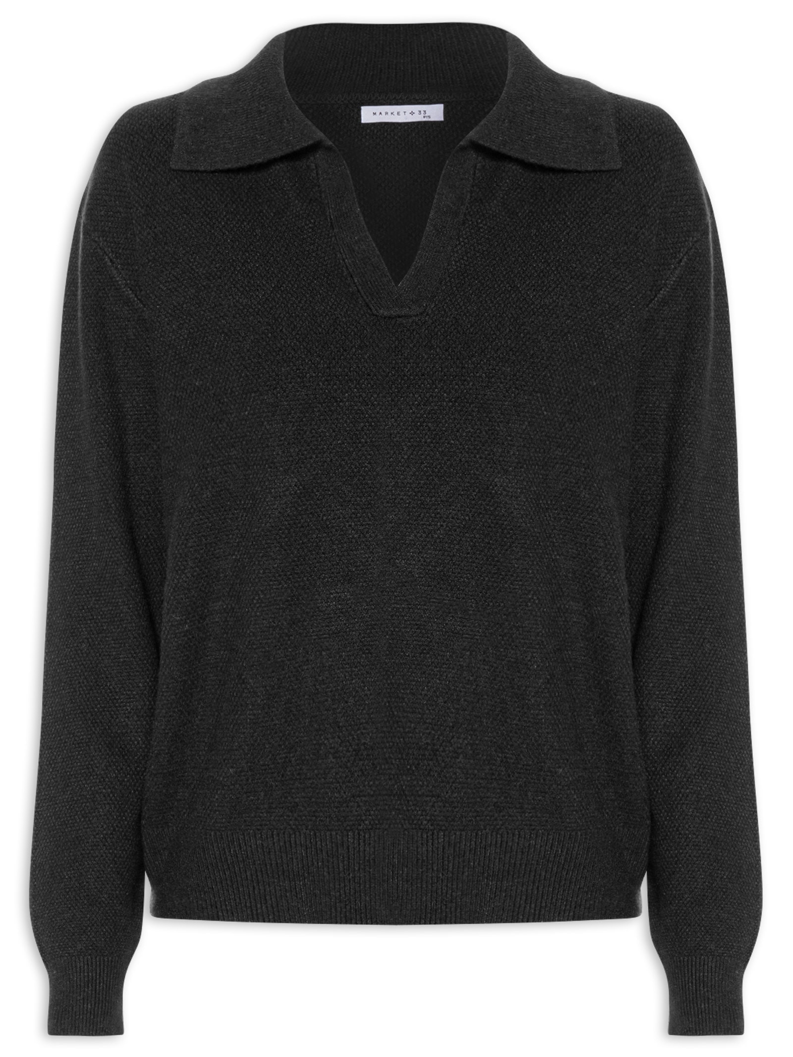 Suéter Feminino Em Tricot  Com Gola Polo Preto Market 33
