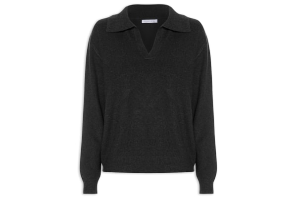 Suéter Feminino Em Tricot  Com Gola Polo - Preto