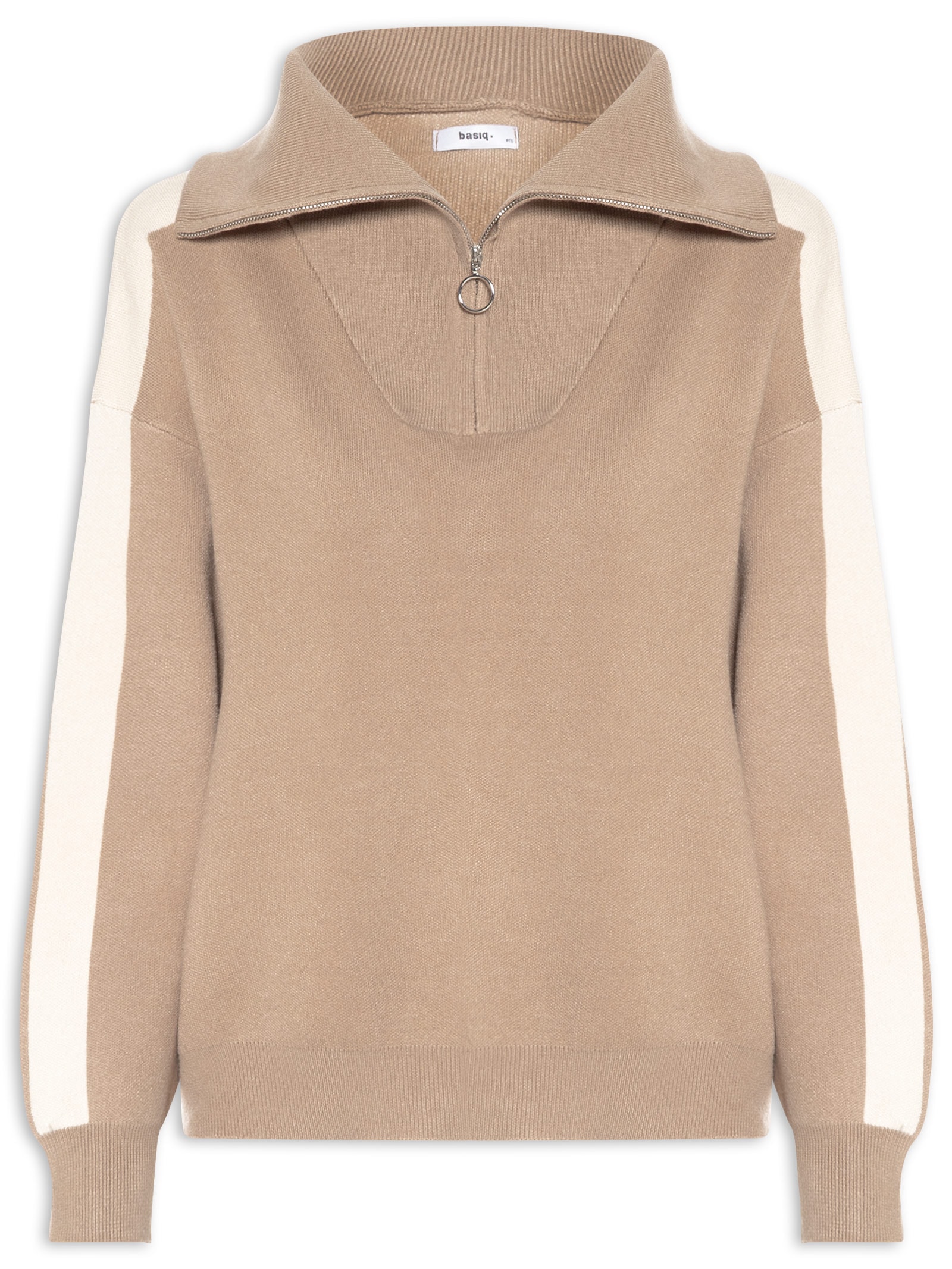 Suéter Feminino Gola Alta Com Zíper Bege Basiq