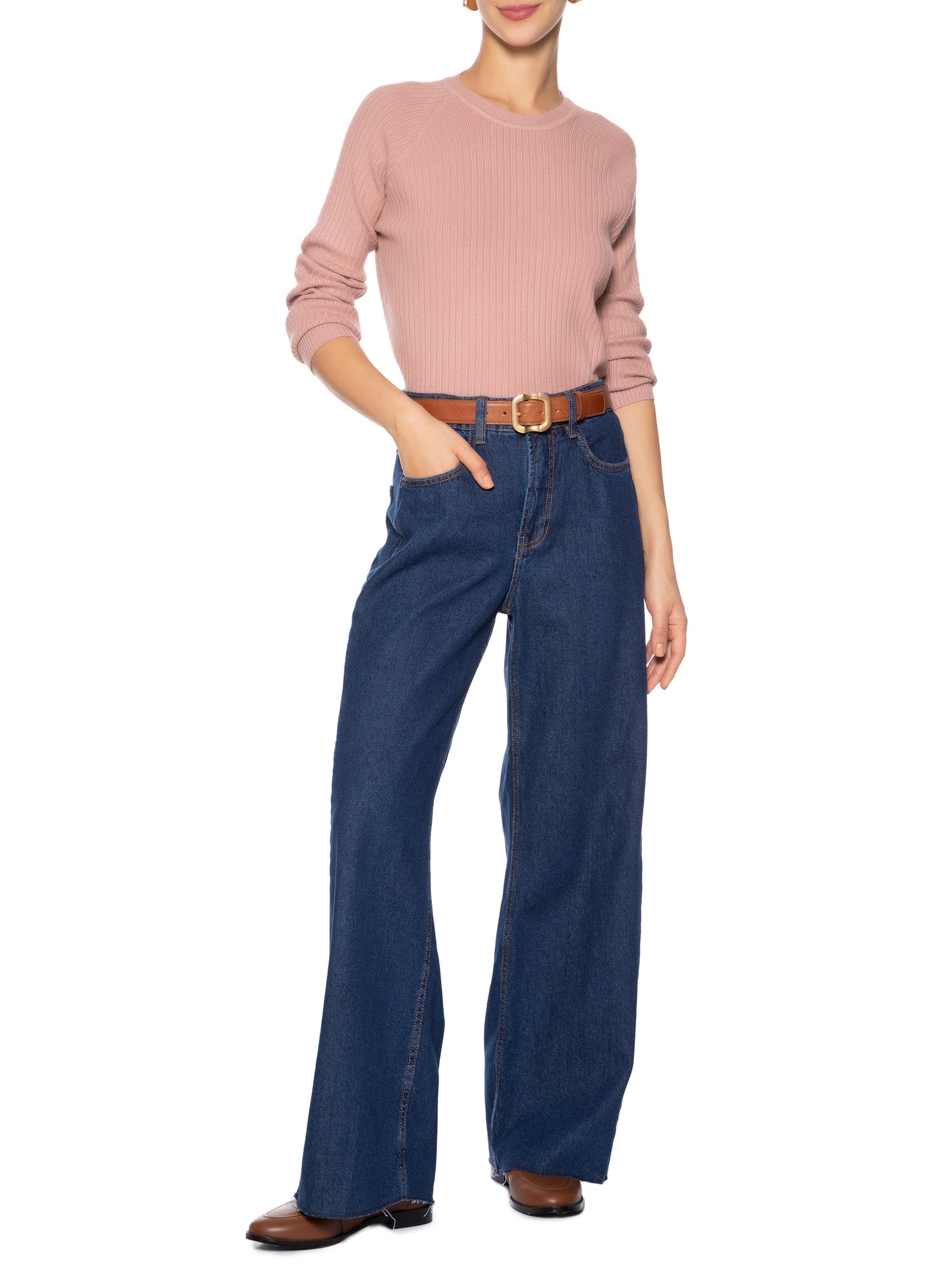 Suéter Feminino Gola Careca Texturizado Rosa Basiq