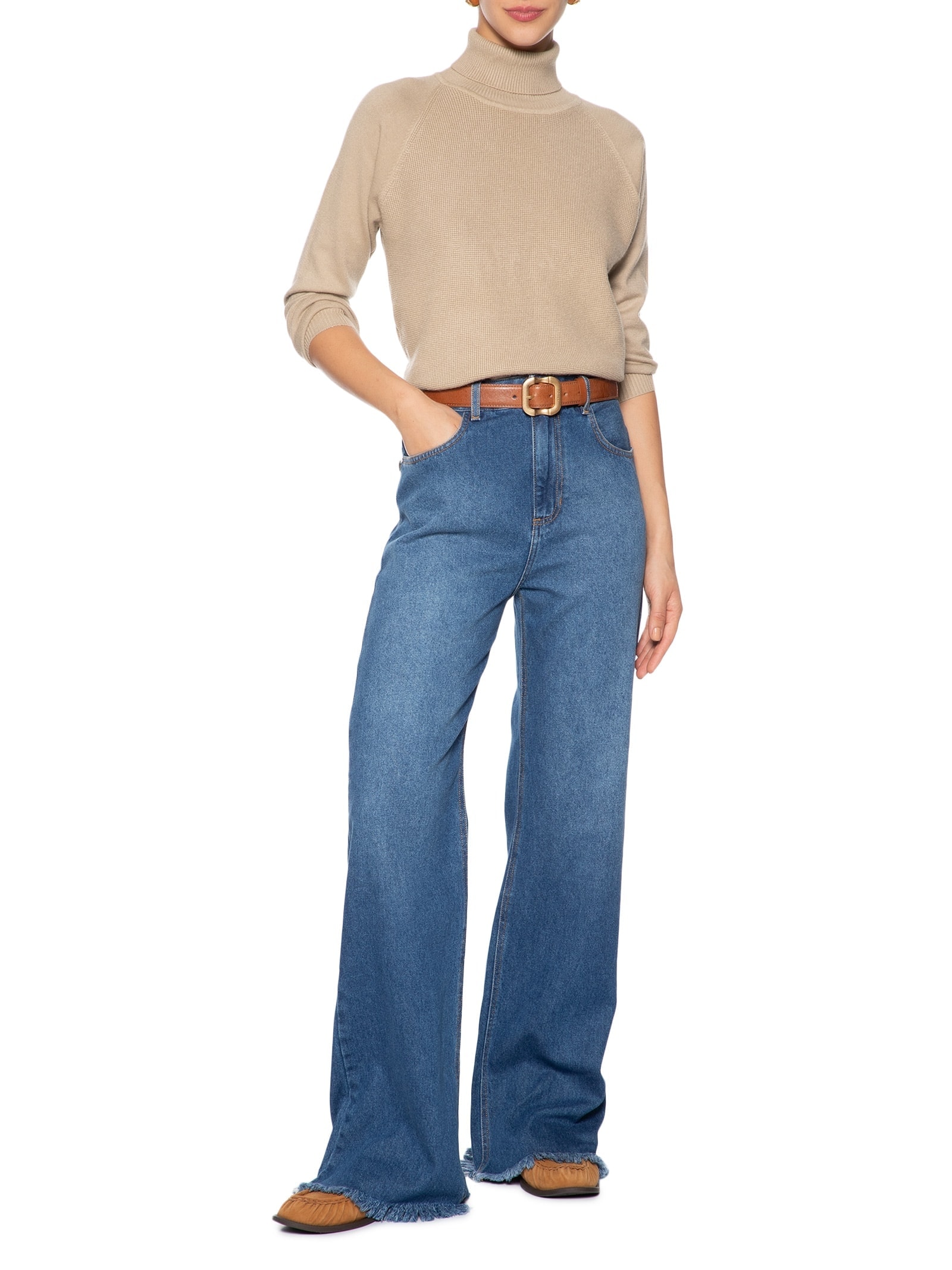 Suéter Feminino Gola Rolê Texturizado Bege Basiq