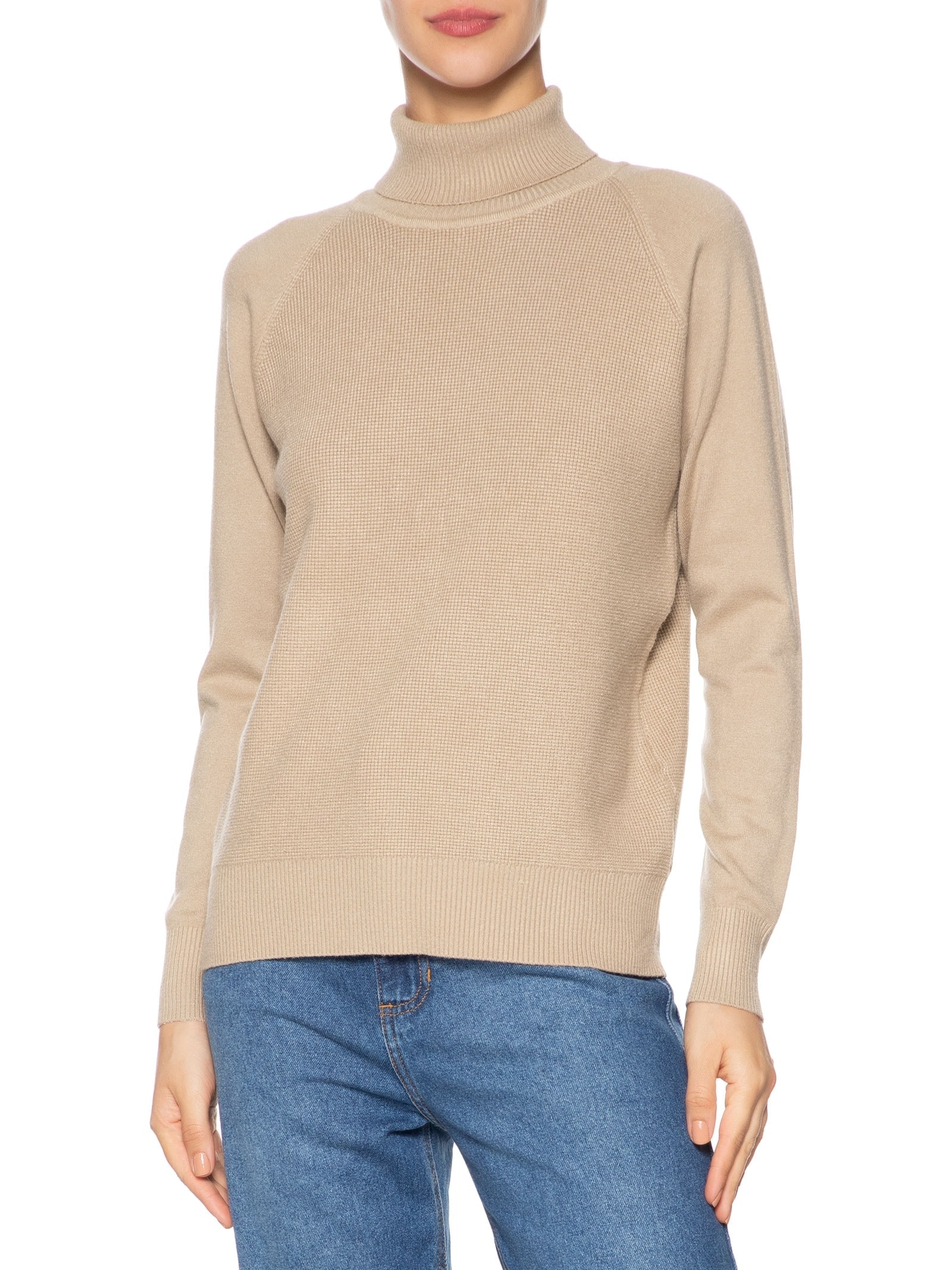 Suéter Feminino Gola Rolê Texturizado Bege Basiq