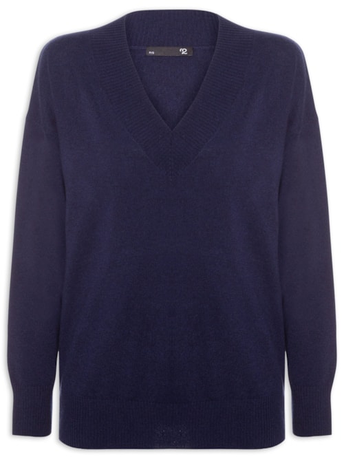 Suéter Feminino Gola V Com Blend De Lã E Cashmere - Azul