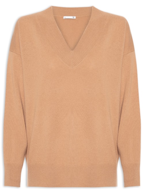 Suéter Feminino Gola V Com Blend De Lã E Cashmere - Bege