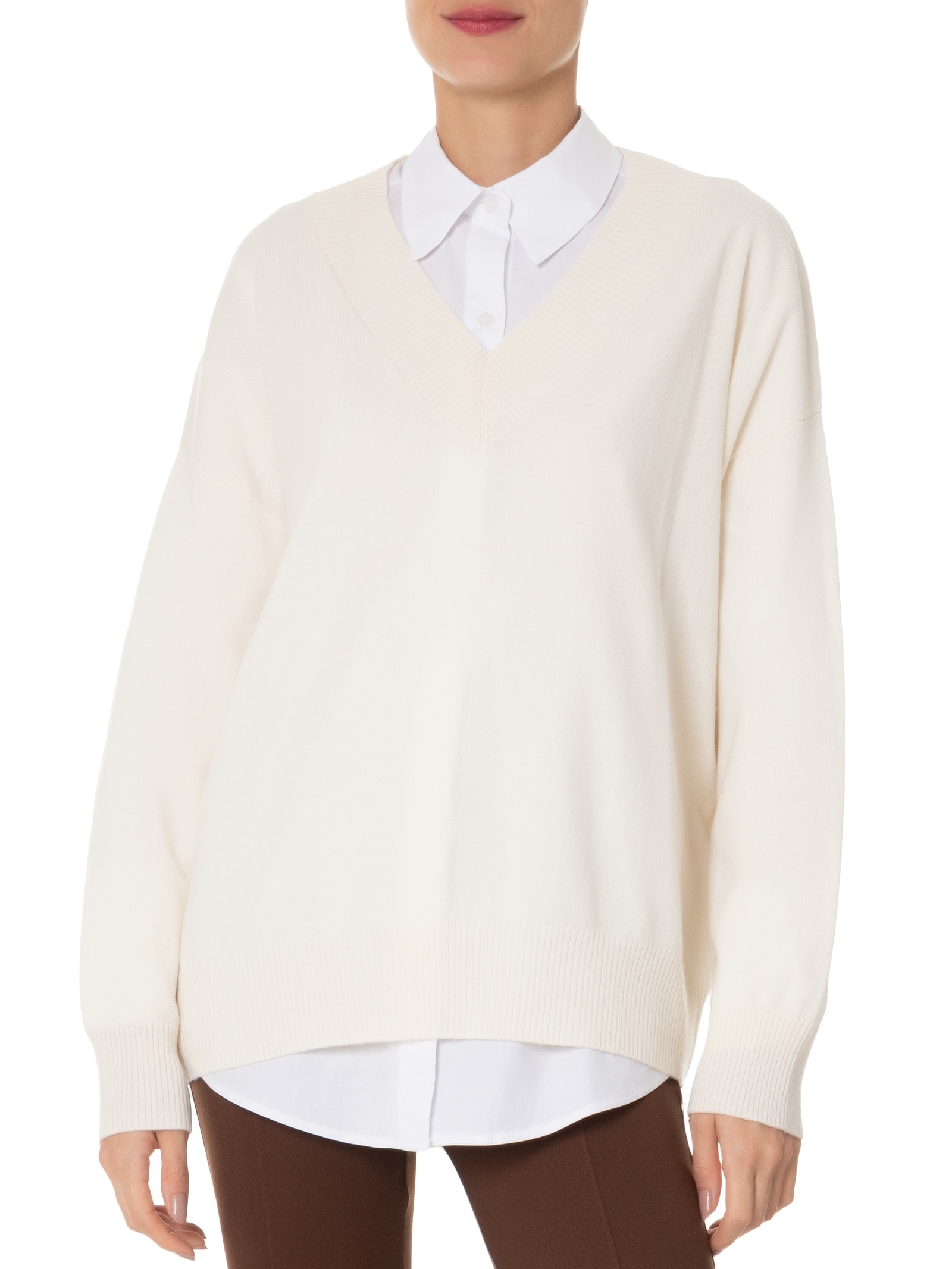 Suéter Feminino Gola V Com Blend De Lã E Cashmere Off White '2Essential