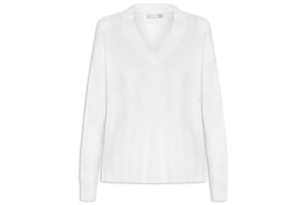 Suéter Feminino Gola V Com Fendas Laterais - Branco