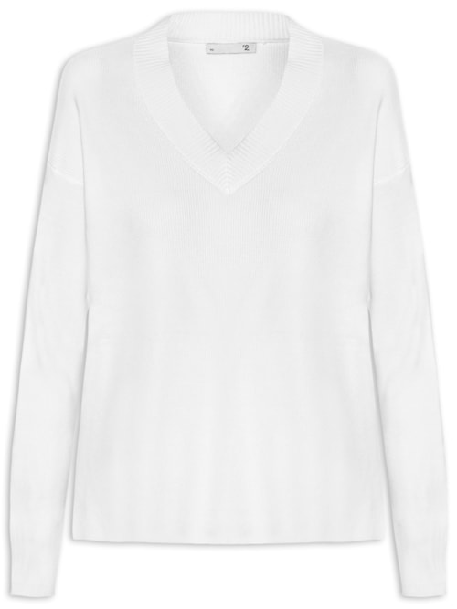 Suéter Feminino Gola V Com Fendas Laterais – Branco