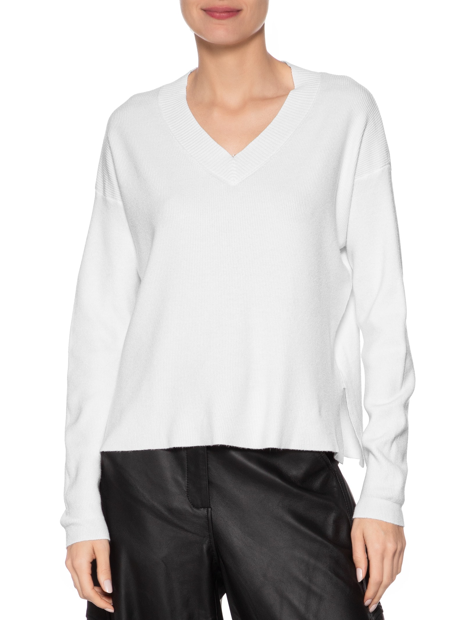 Suéter Feminino Gola V Com Fendas Laterais Branco '2Essential