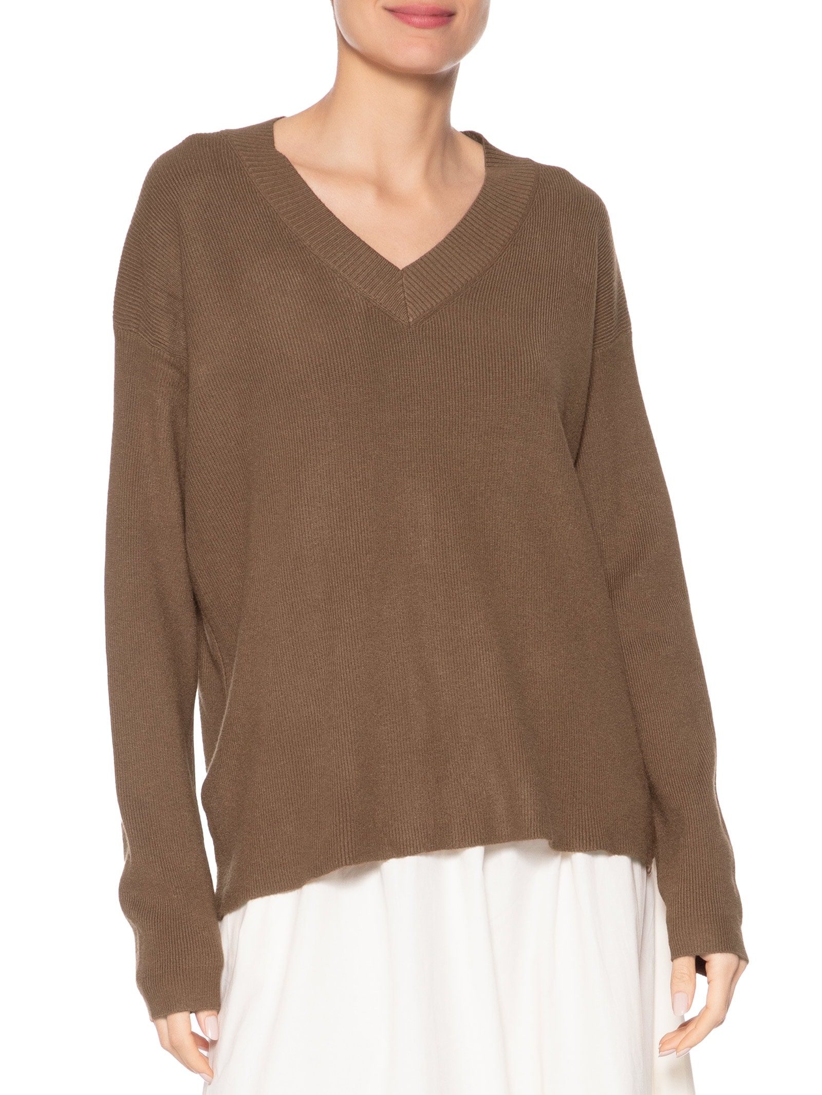 Suéter Feminino Gola V Com Fendas Laterais Marrom '2Essential