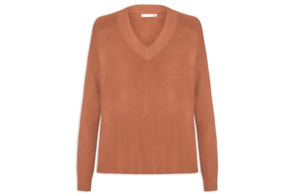 Suéter Feminino Gola V Com Fendas Laterais - Marrom