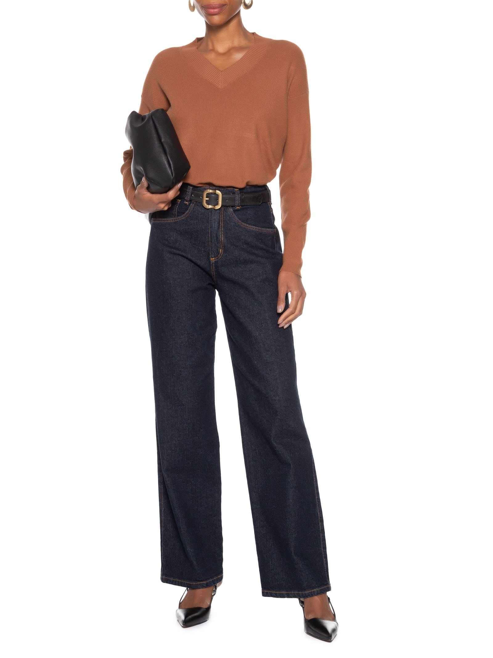 Suéter Feminino Gola V Com Fendas Laterais Marrom '2Essential