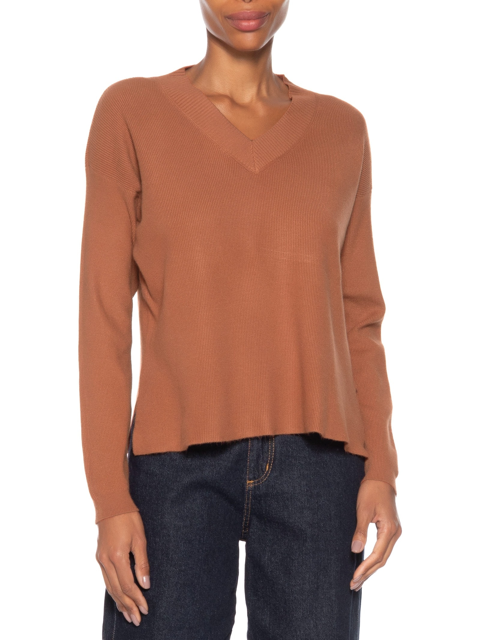 Suéter Feminino Gola V Com Fendas Laterais Marrom '2Essential