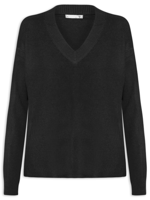 Suéter Feminino Gola V Com Fendas Laterais – Preto