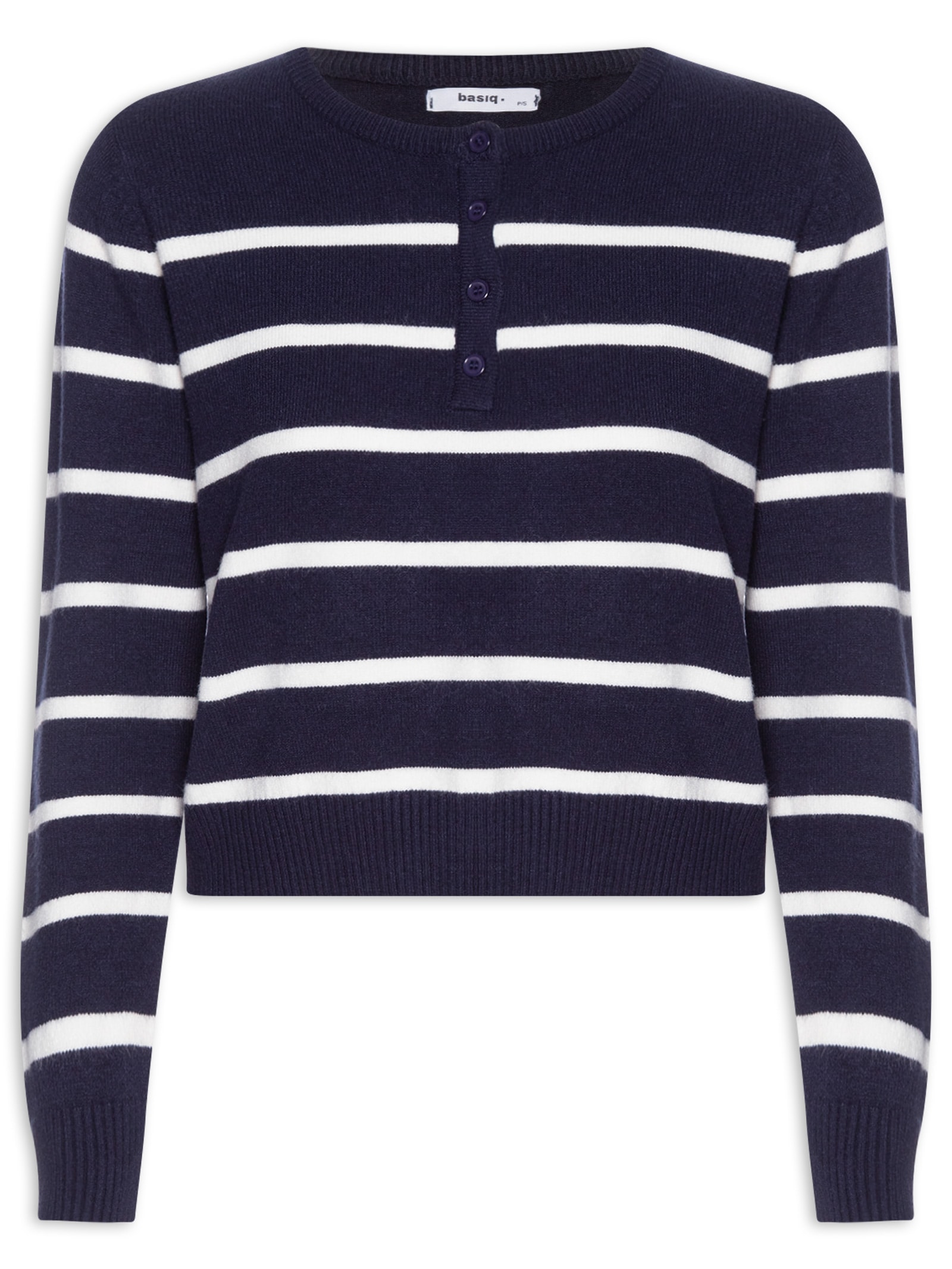 Suéter Feminino Listrado Com Botão Azul Basiq