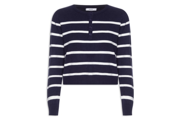 Suéter Feminino Listrado Com Botão - Azul