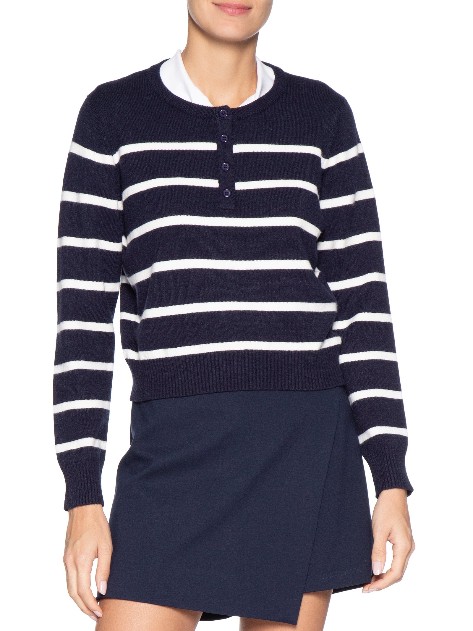 Suéter Feminino Listrado Com Botão Azul Basiq