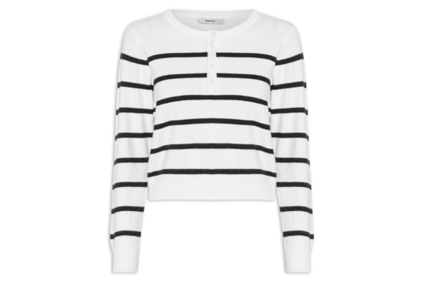 Suéter Feminino Listrado Com Botão - Branco