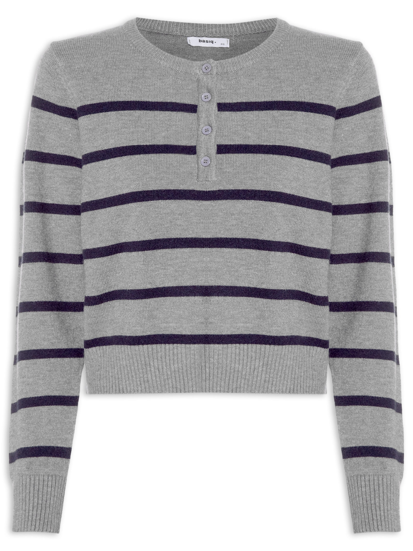 Suéter Feminino Listrado Com Botão Cinza Basiq