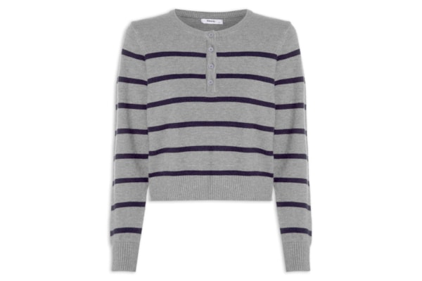 Suéter Feminino Listrado Com Botão - Cinza