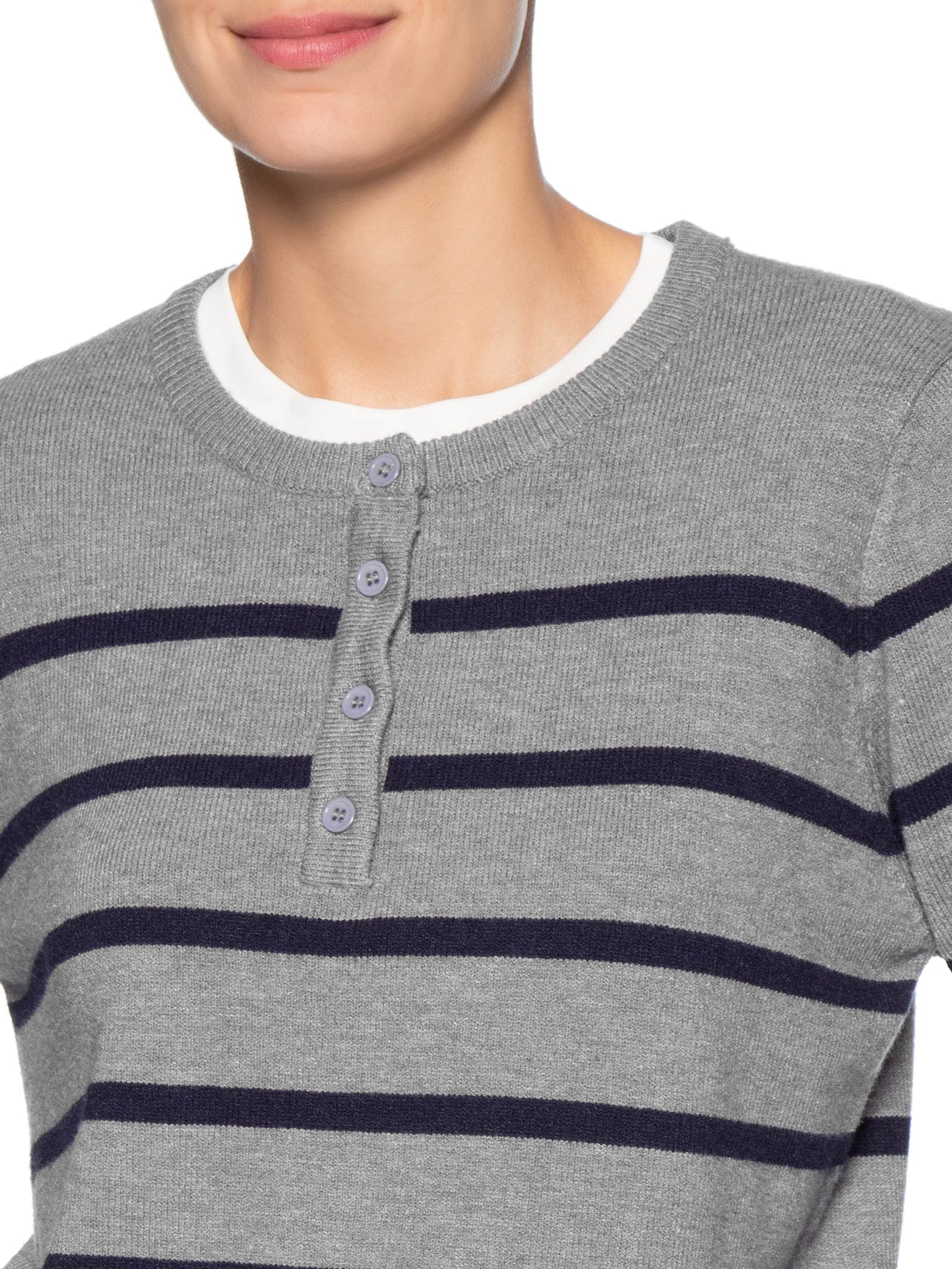 Suéter Feminino Listrado Com Botão Cinza Basiq