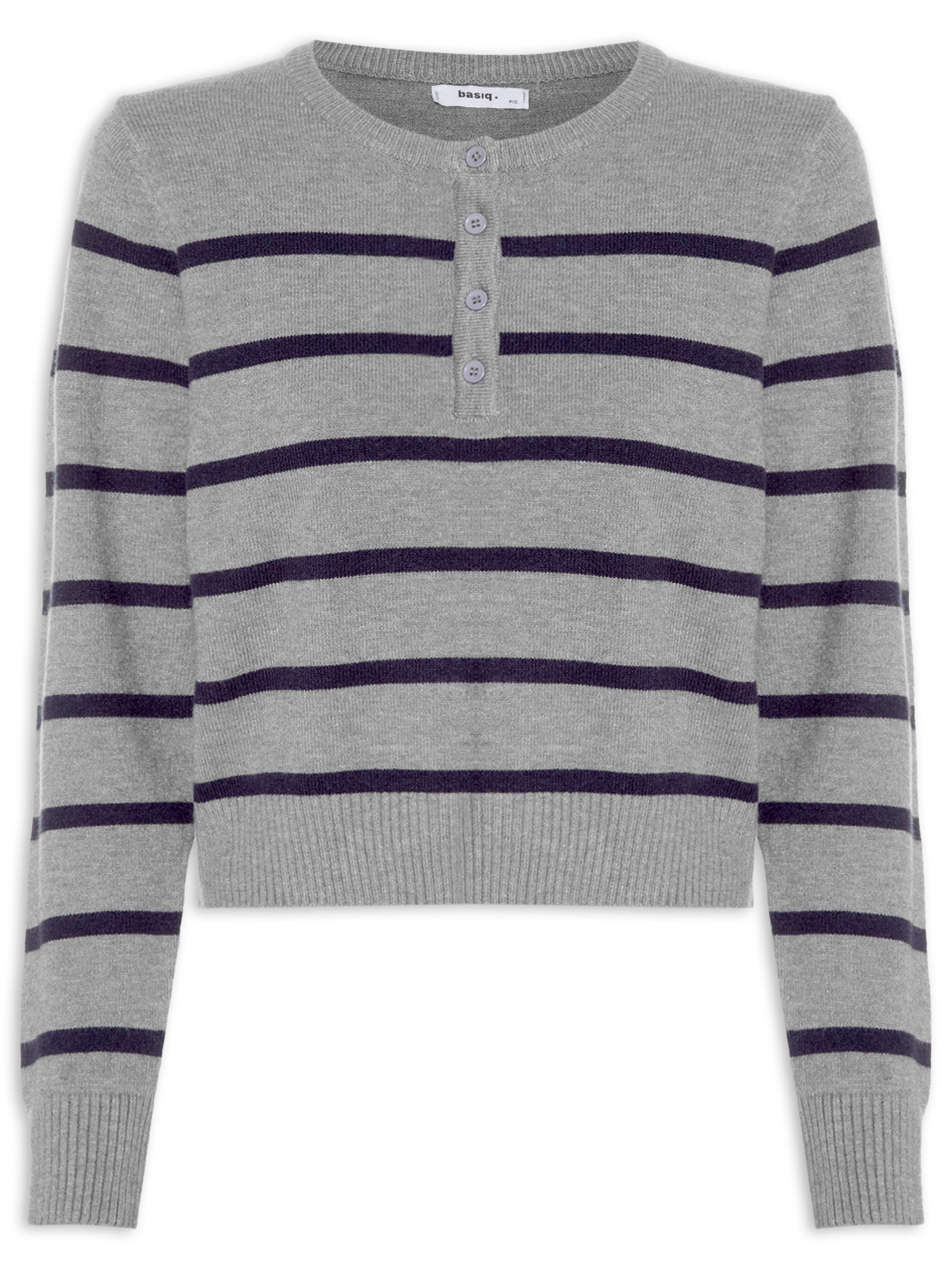 Suéter Feminino Listrado Com Botão Cinza Basiq