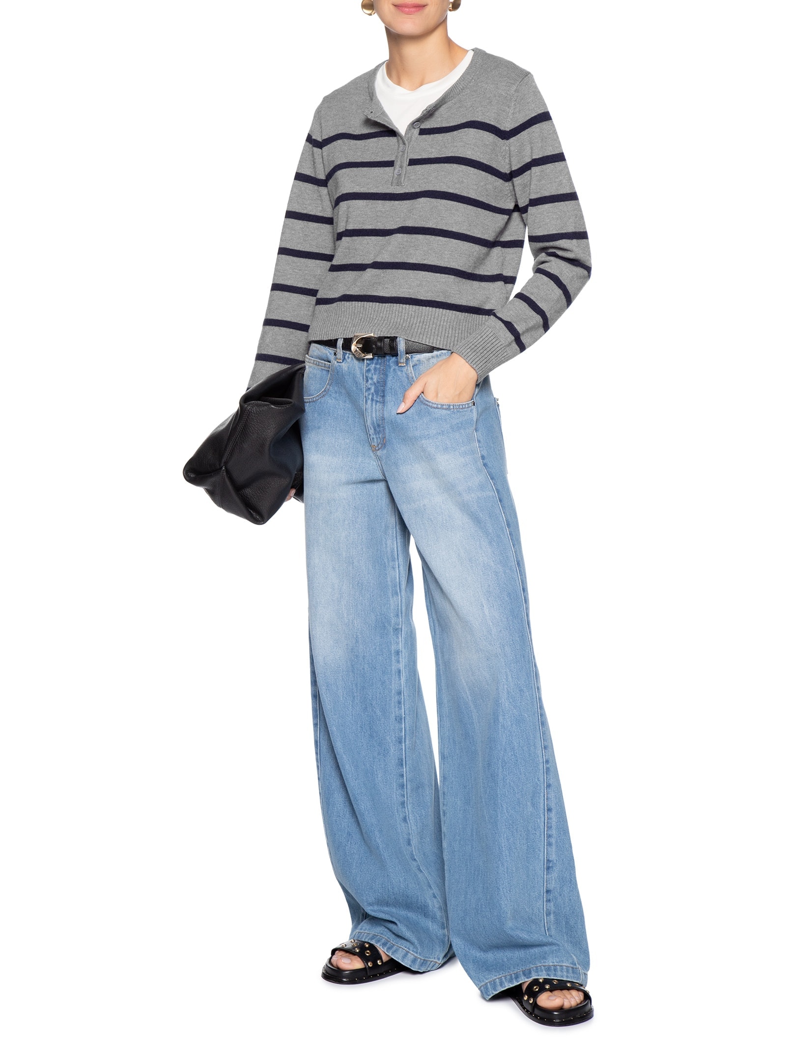 Suéter Feminino Listrado Com Botão Cinza Basiq