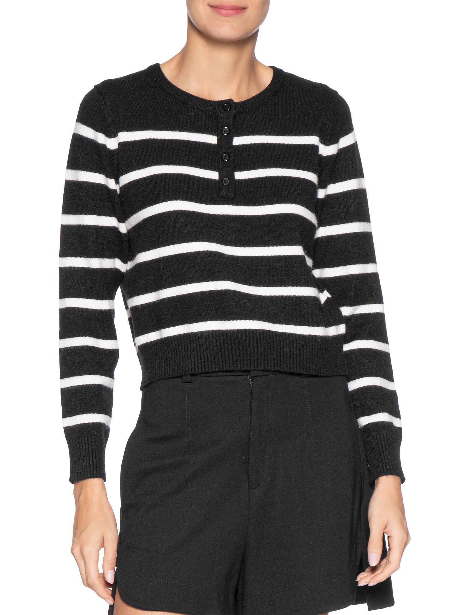 Suéter Feminino Listrado Com Botão Preto Basiq