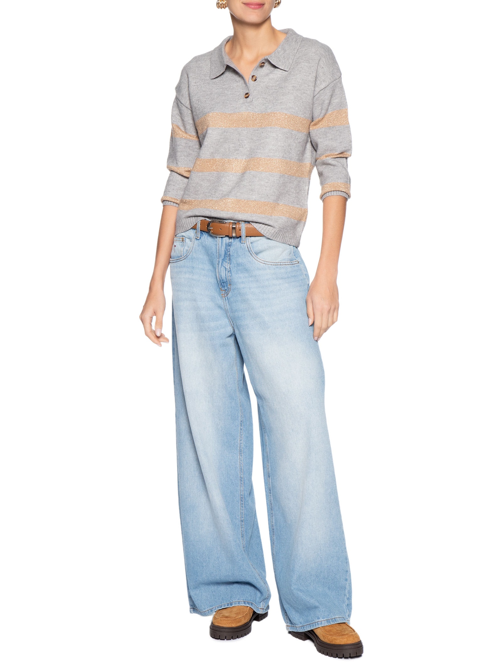 Suéter Feminino Listrado Gola Esporte Cinza Basiq