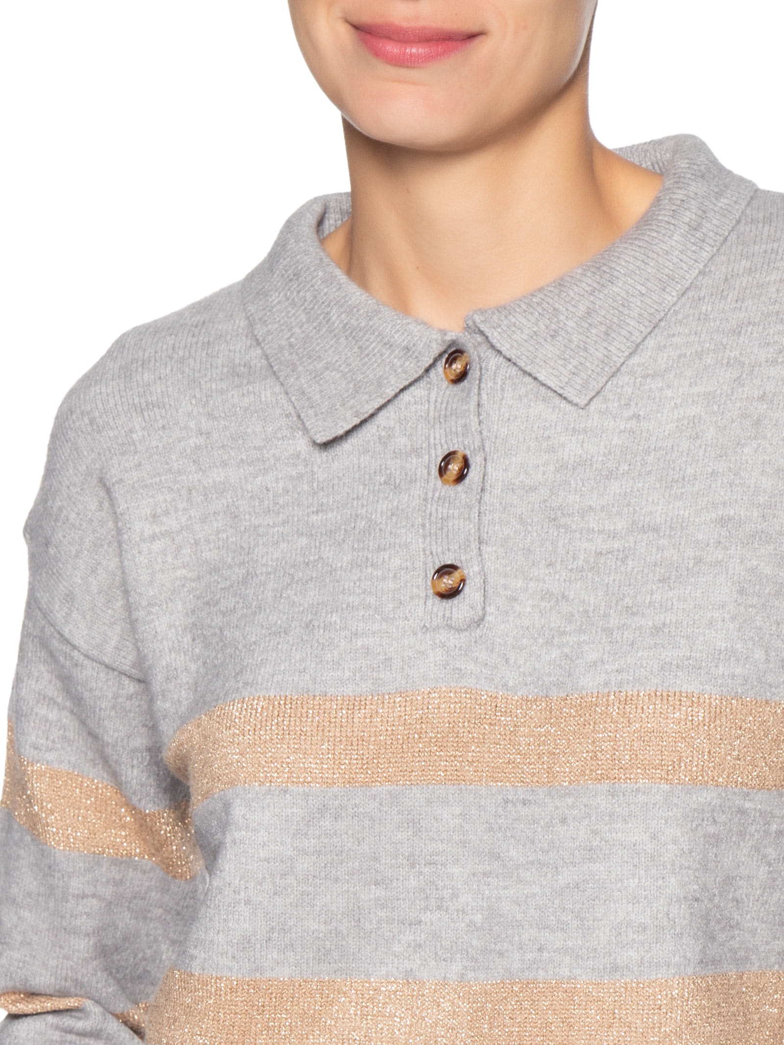 Suéter Feminino Listrado Gola Esporte Cinza Basiq