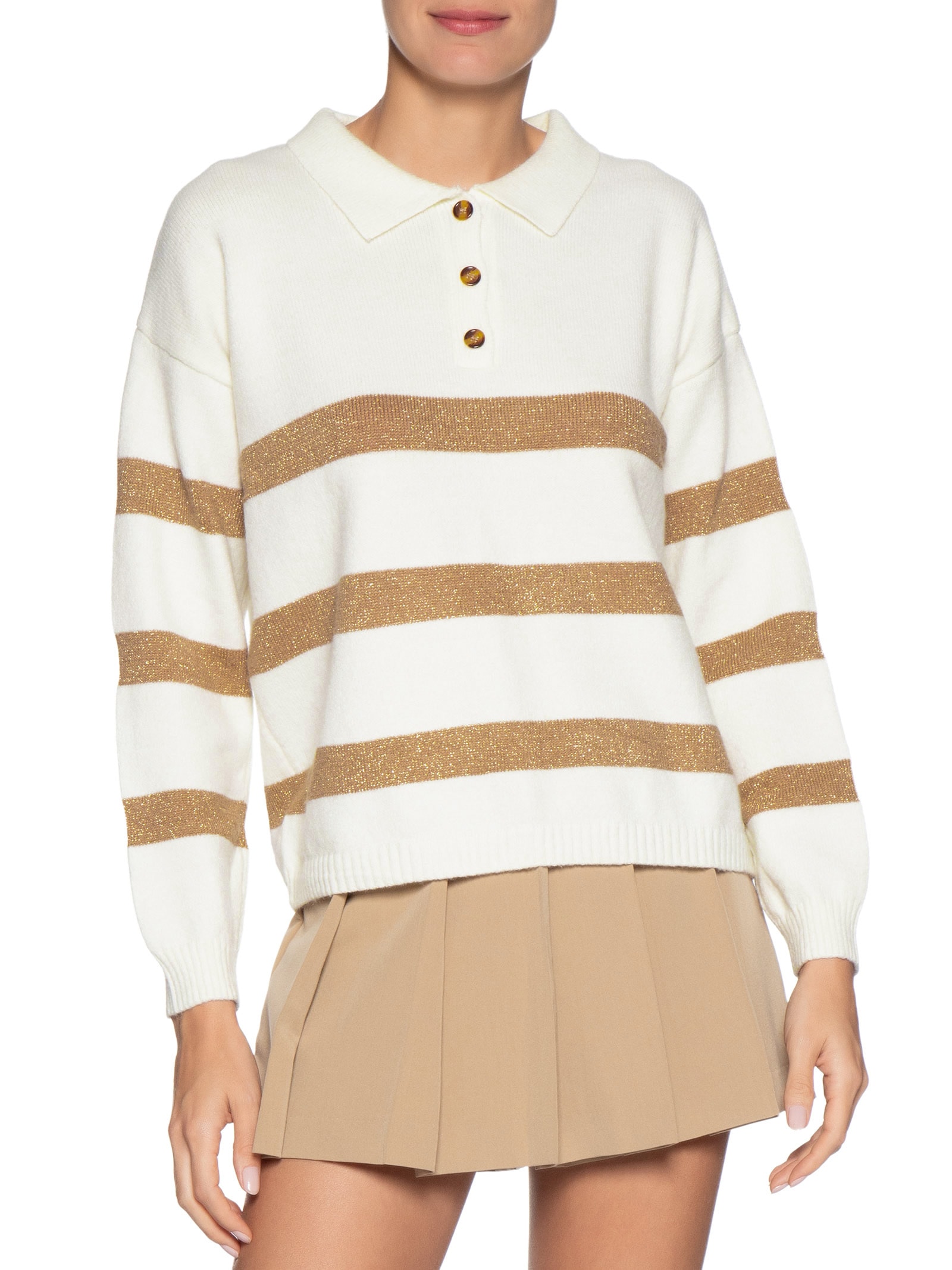 Suéter Feminino Listrado Gola Esporte Off White Basiq