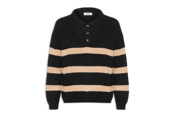 Suéter Feminino Listrado Gola Esporte - Preto