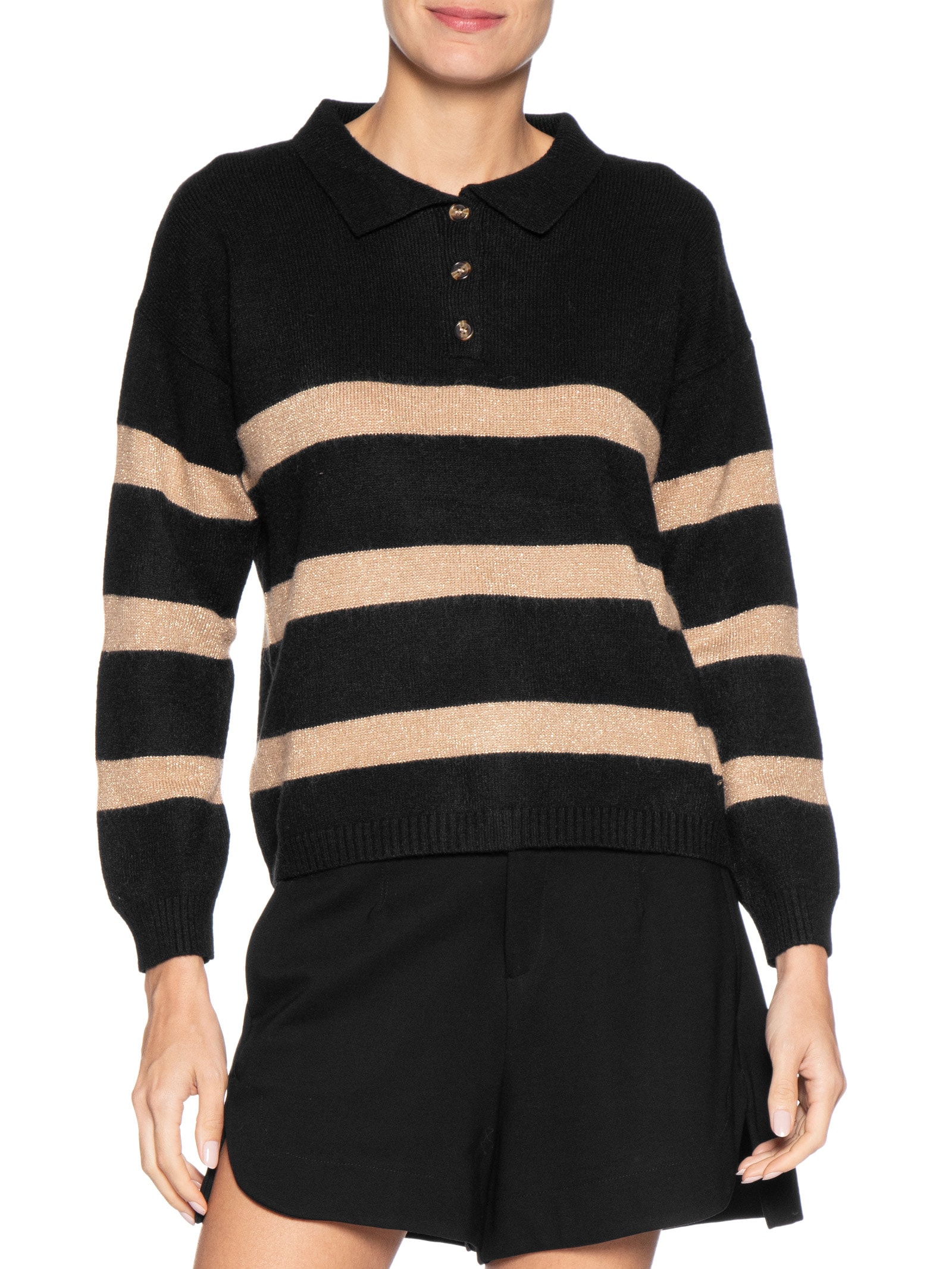 Suéter Feminino Listrado Gola Esporte Preto Basiq