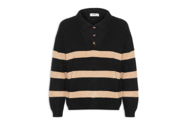 Suéter Feminino Listrado Gola Esporte - Preto