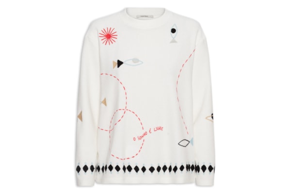 Suéter Feminino Moletom Bordado Olho De Peixe - Branco