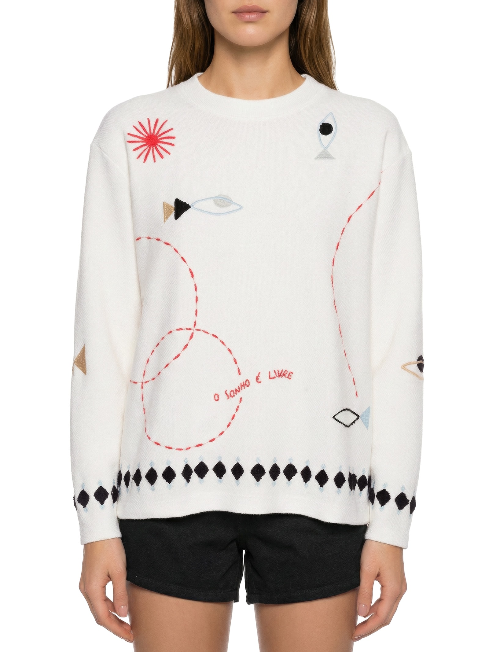 Suéter Feminino Moletom Bordado Olho De Peixe Branco Cantão