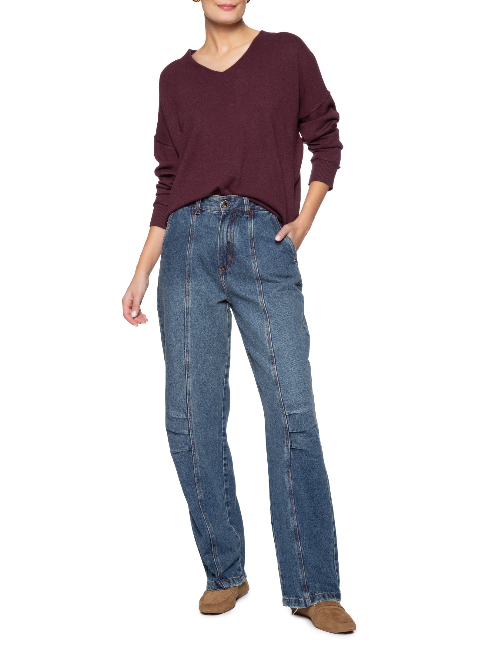 Suéter Feminino Oversized Decote V Vinho Basiq