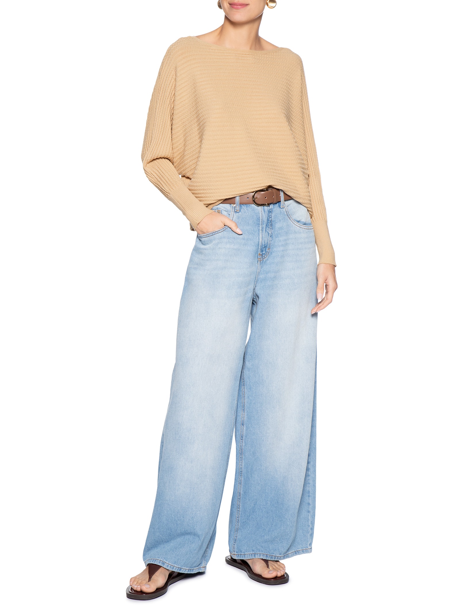 Suéter Feminino Oversized Texturizado Bege Basiq