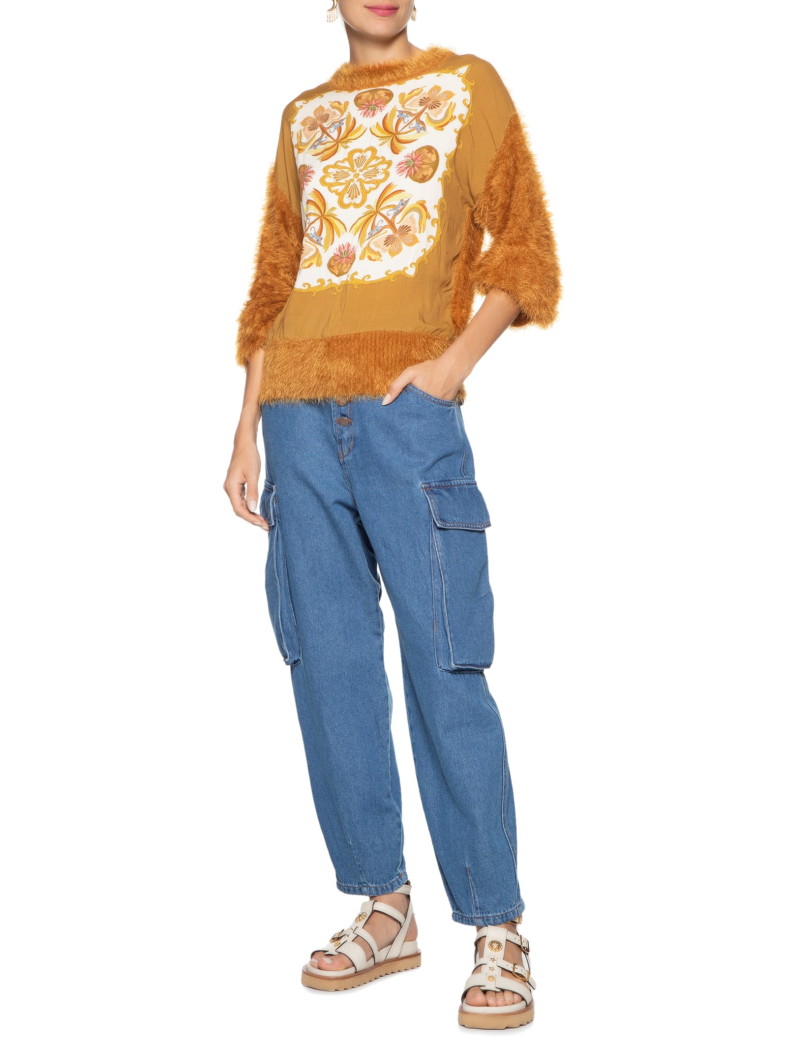 Suéter Feminino Pelinho Lenço Amazônia Chic Marrom Farm