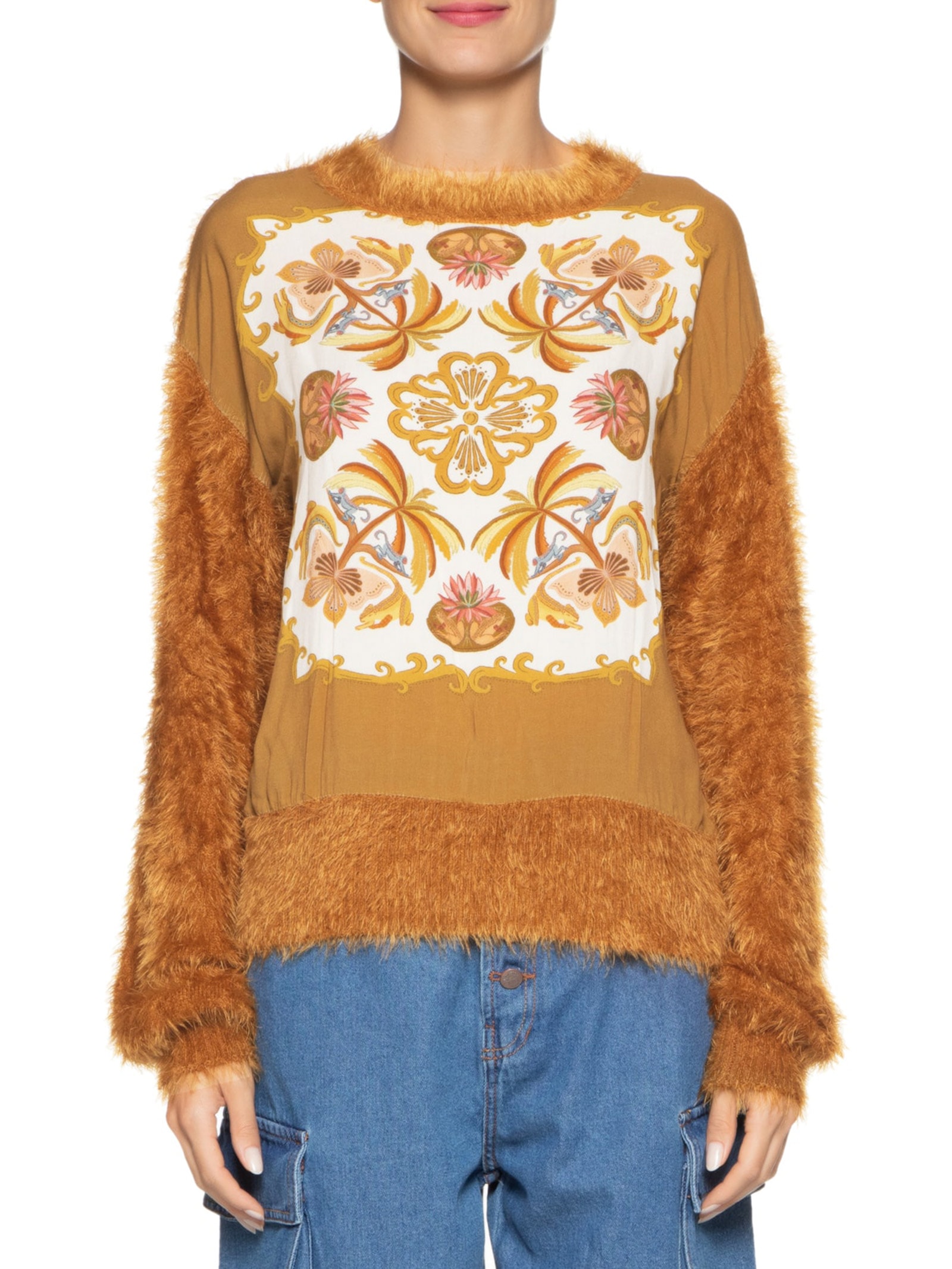 Suéter Feminino Pelinho Lenço Amazônia Chic Marrom Farm