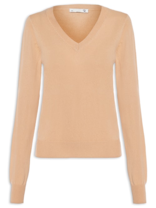 Suéter Feminino Puro Cashmere Gola V - Bege